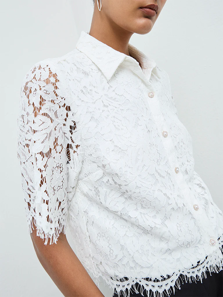 Wardrobe White Floral Lace Shirt - Image 2