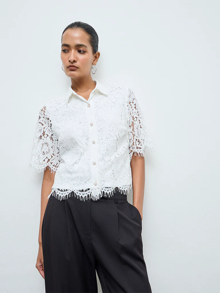 Wardrobe White Floral Lace Shirt - Image 4