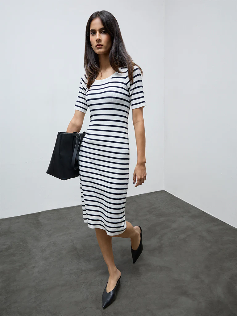 Wardrobe White Stripe Printed Bodycon Dress