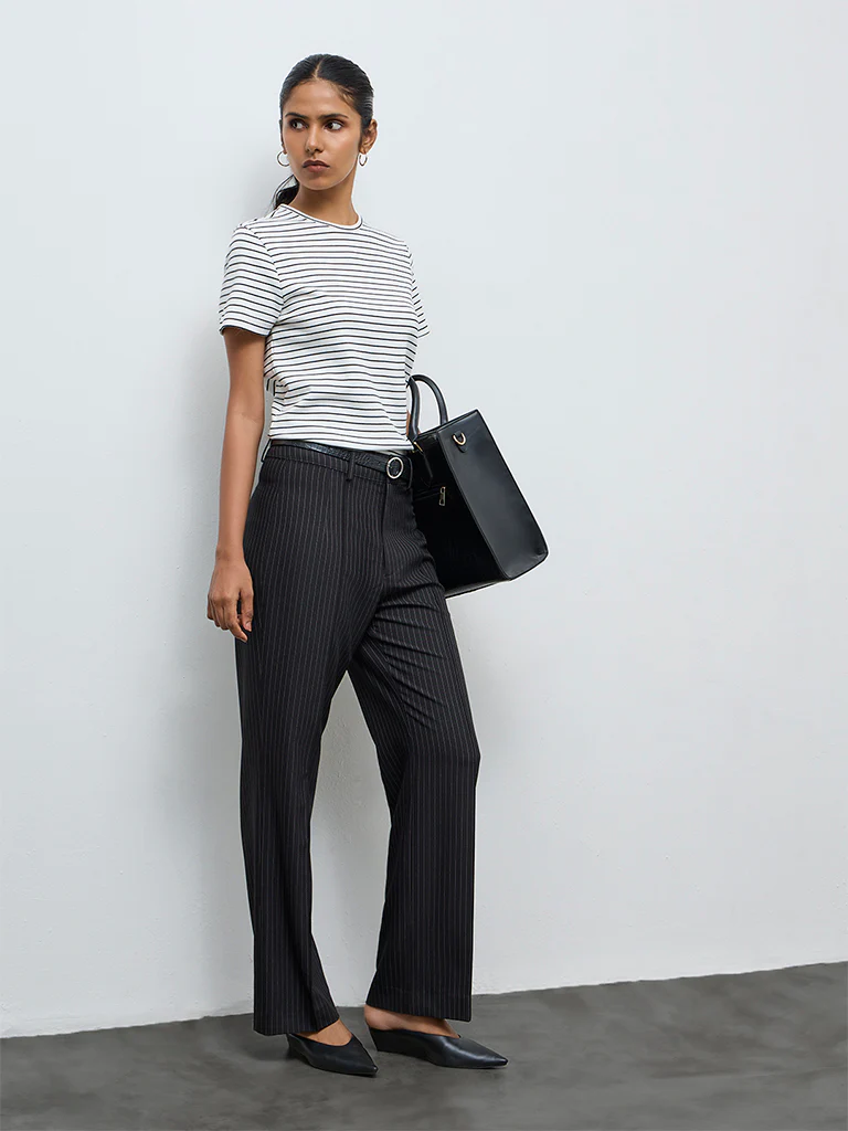 Wardrobe White Striped Cotton-Blend T-Shirt - Image 2