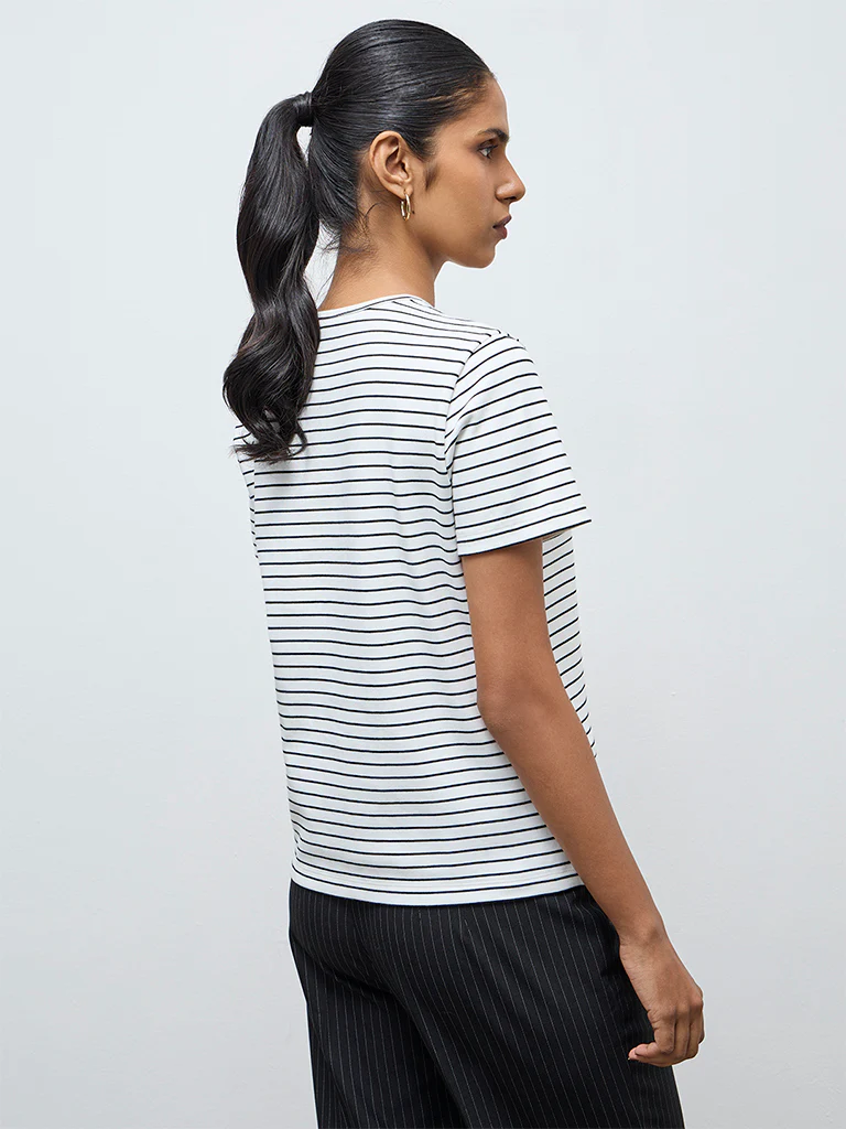 Wardrobe White Striped Cotton-Blend T-Shirt - Image 4