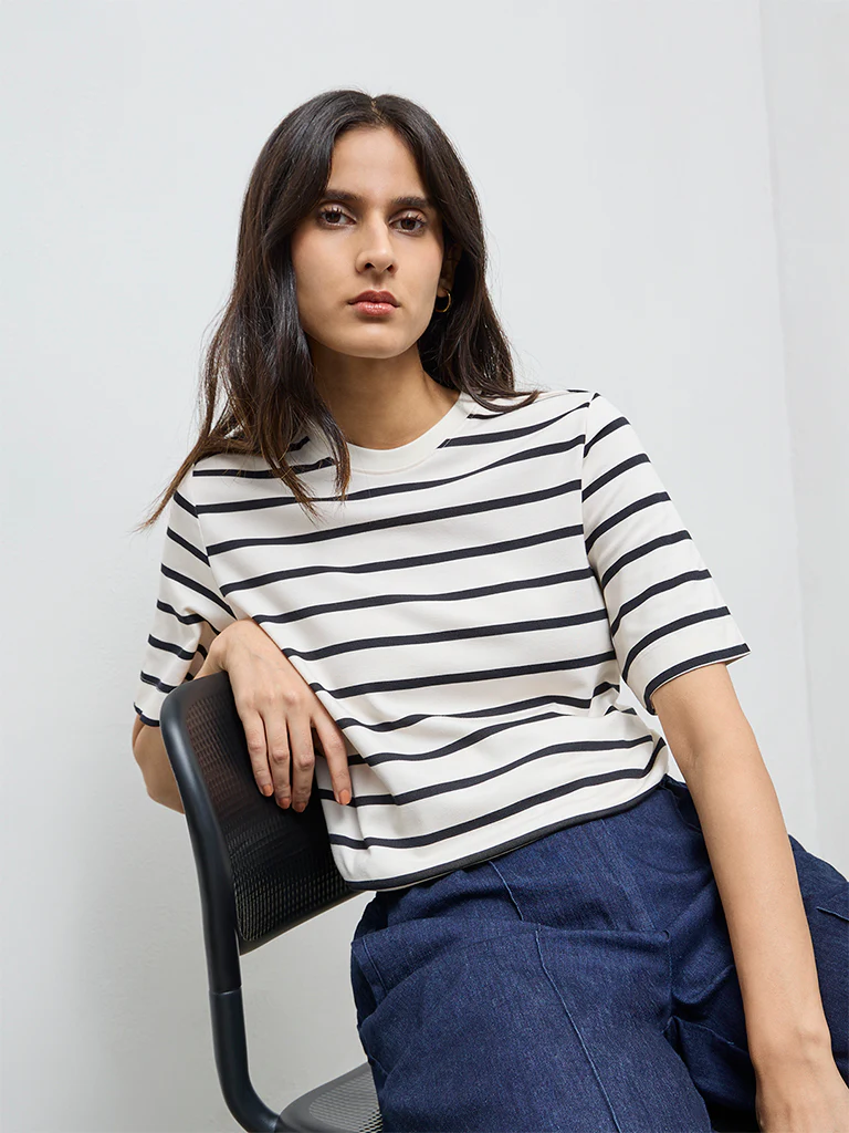 Wardrobe White Striped Cotton-Blend T-Shirt - Image 2