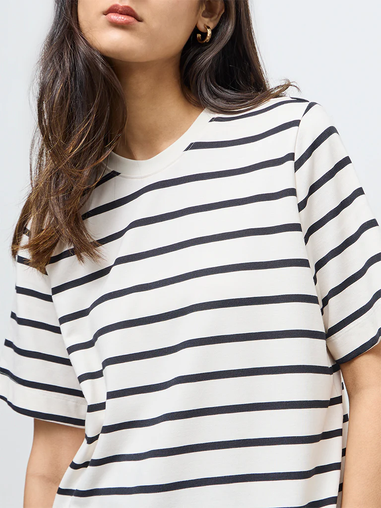 Wardrobe White Striped Cotton-Blend T-Shirt - Image 3