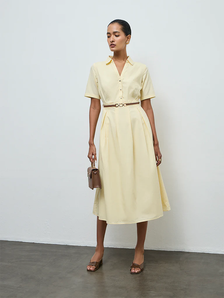 Wardrobe Yellow Solid Cotton A-Line Dress with Belt