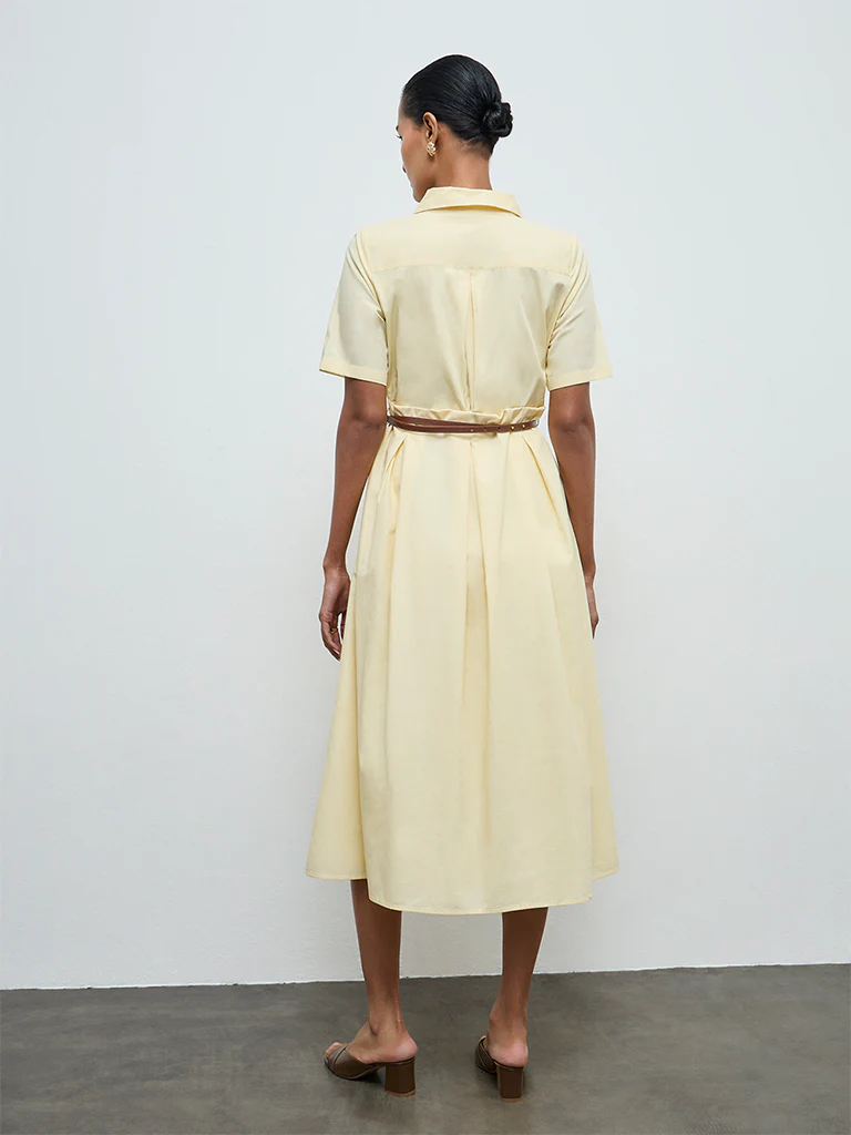 Wardrobe Yellow Solid Cotton A-Line Dress with Belt - Image 4