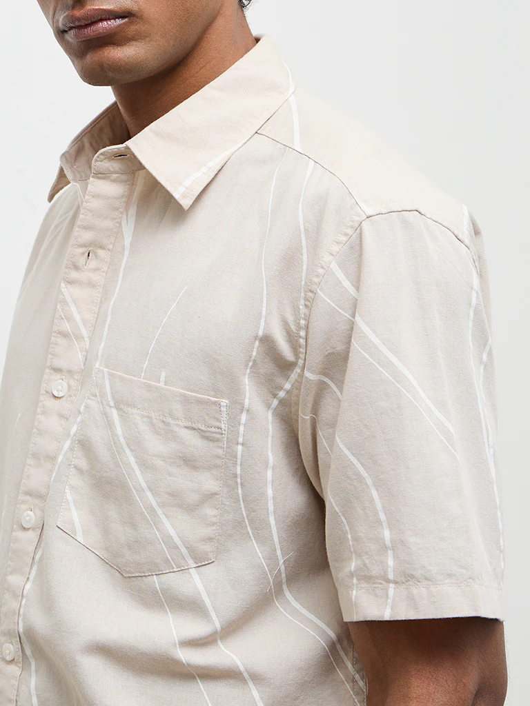 WES Casuals Beige Abstract Relaxed-Fit Cotton-Blend Shirt - Image 3