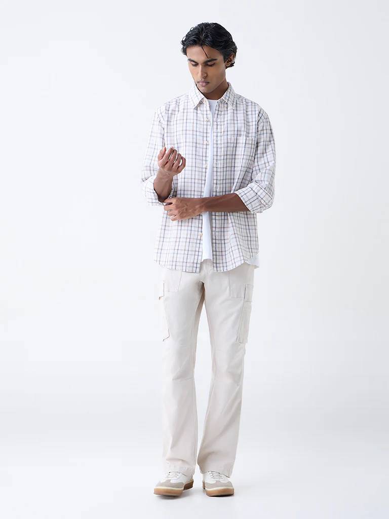 WES Casuals Beige Checks Relaxed-Fit Cotton-Blend Shirt - Image 2