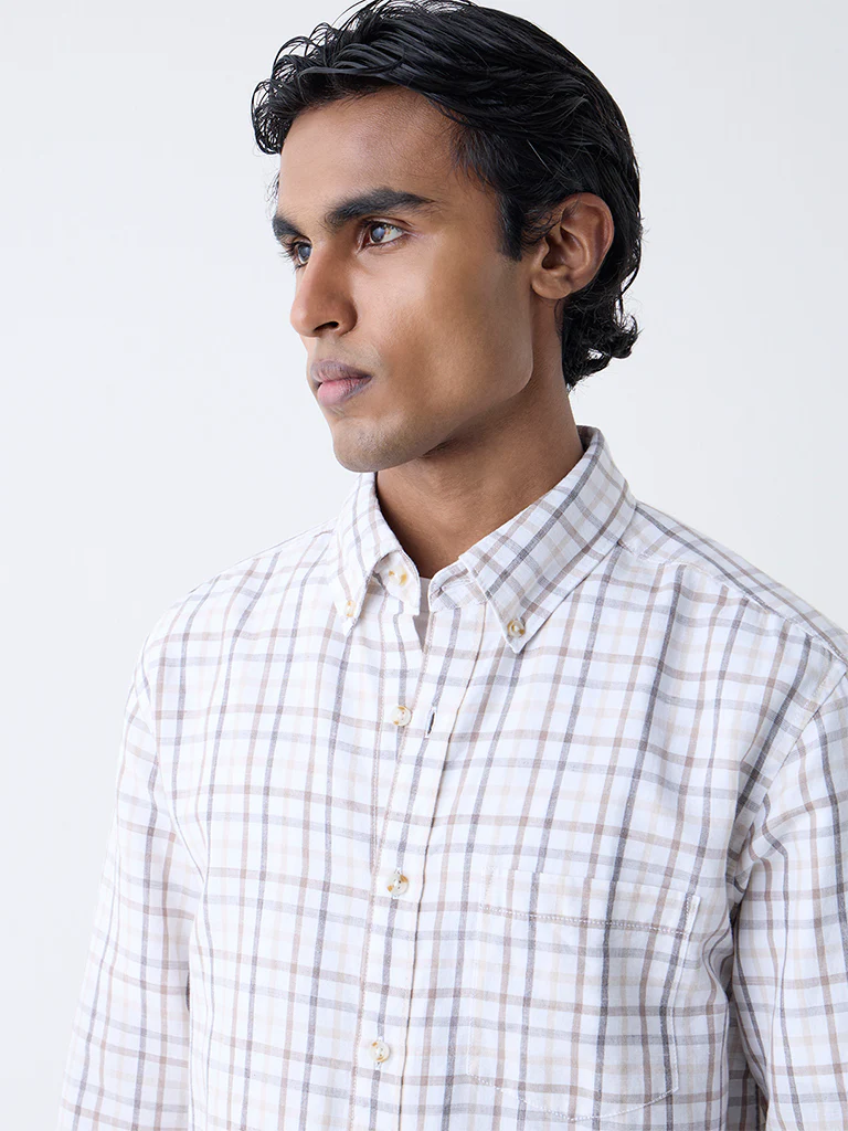 WES Casuals Beige Checks Relaxed-Fit Cotton-Blend Shirt - Image 3