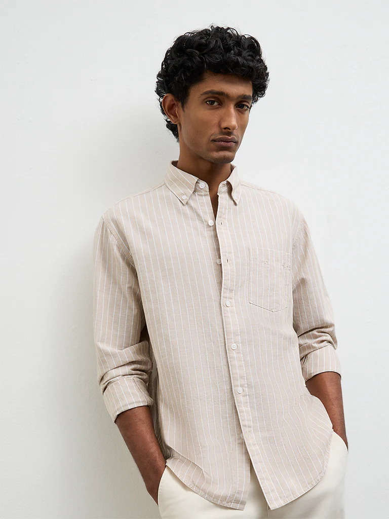 WES Casuals Beige Pinstriped Relaxed-Fit Cotton-Blend Shirt