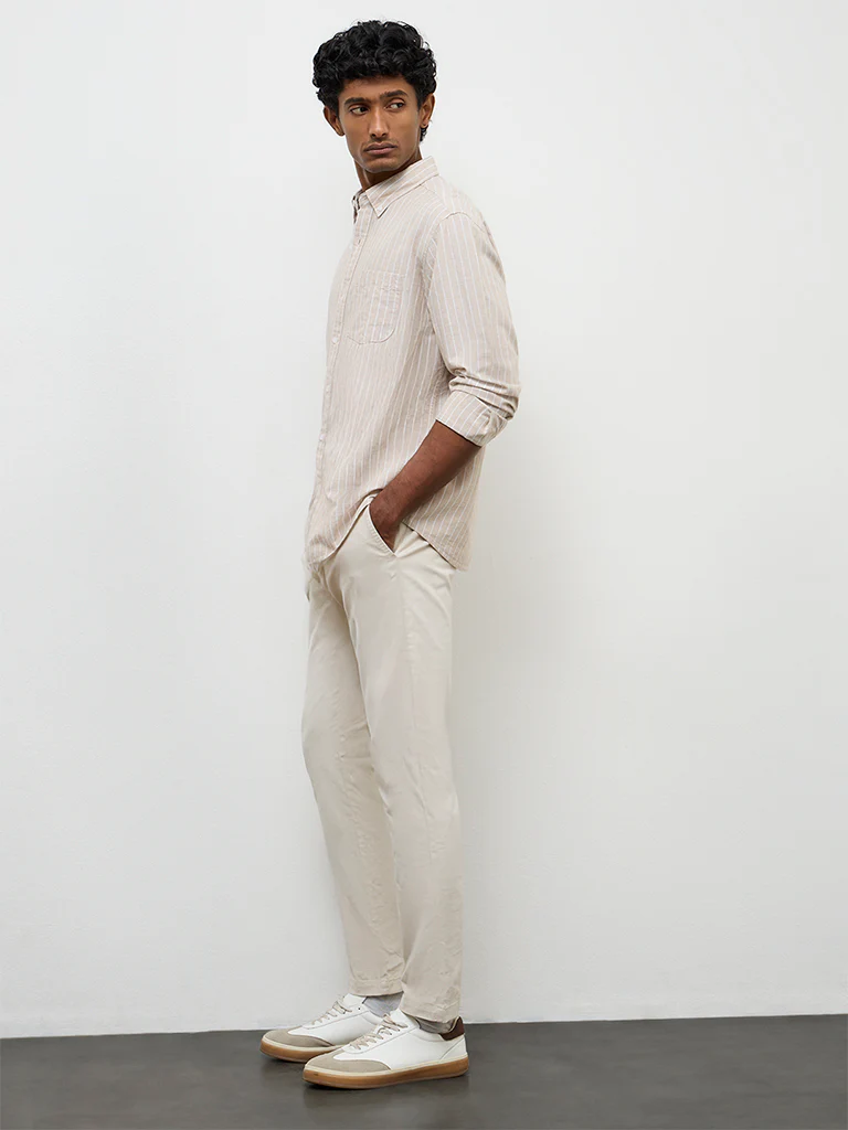 WES Casuals Beige Pinstriped Relaxed-Fit Cotton-Blend Shirt - Image 2