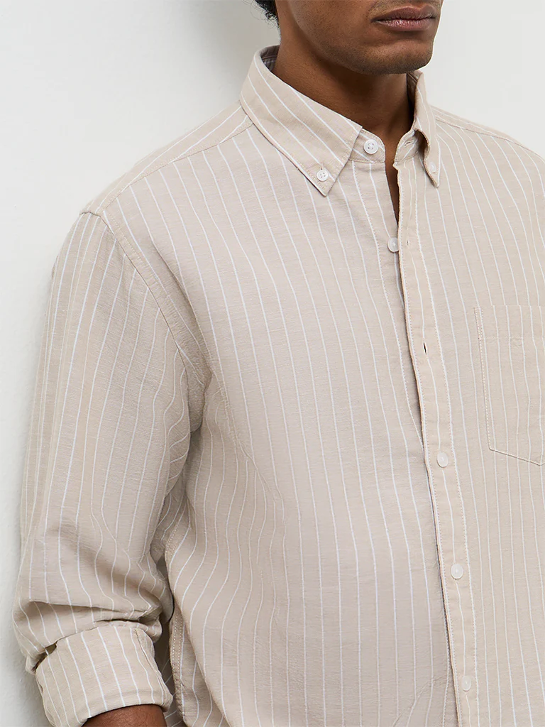 WES Casuals Beige Pinstriped Relaxed-Fit Cotton-Blend Shirt - Image 3