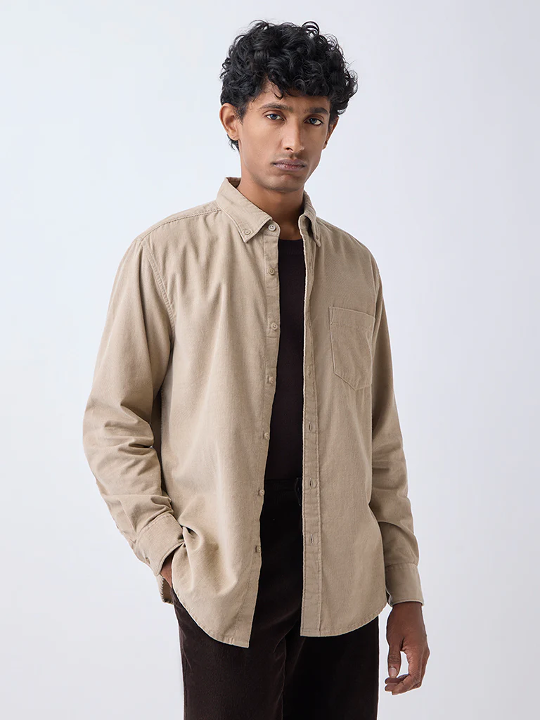 WES Casuals Beige Relaxed-Fit Corduroy Shirt