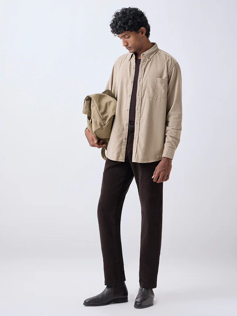 WES Casuals Beige Relaxed-Fit Corduroy Shirt - Image 3