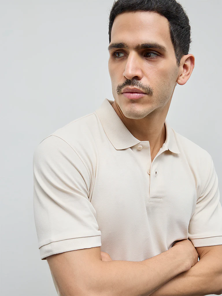 WES Casuals Beige Relaxed-Fit Cotton-Blend Polo T-Shirt - Image 4