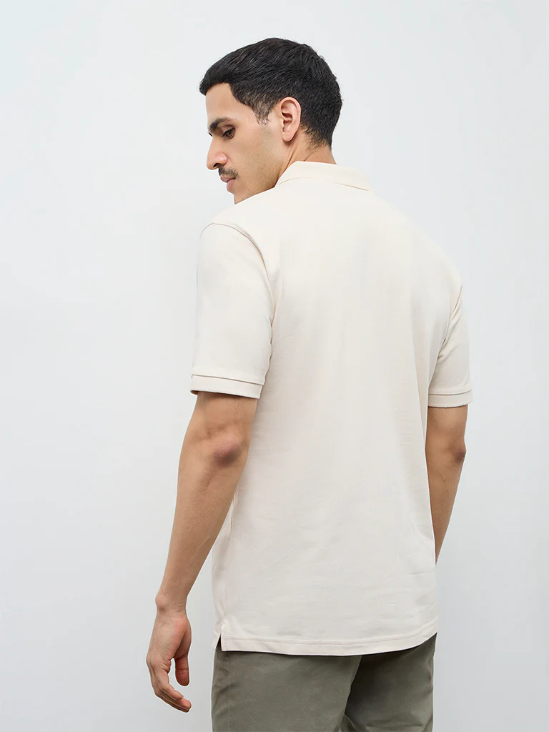 WES Casuals Beige Relaxed-Fit Cotton-Blend Polo T-Shirt - Image 5