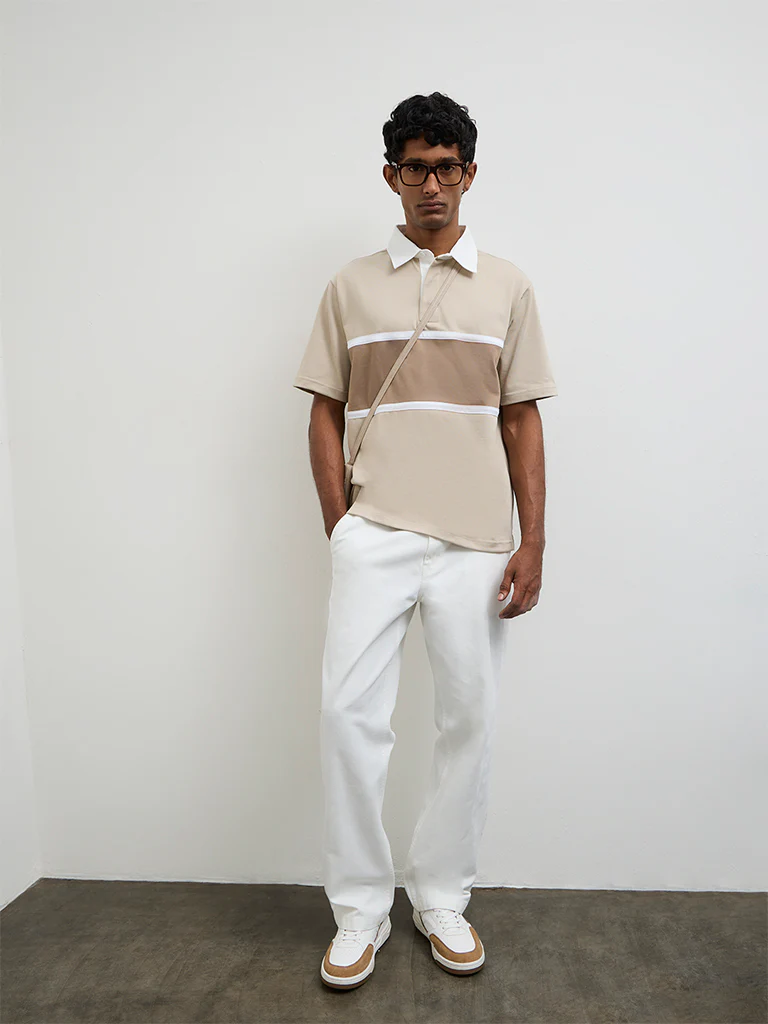 WES Casuals Beige Relaxed-Fit Cotton-Blend Polo T-Shirt