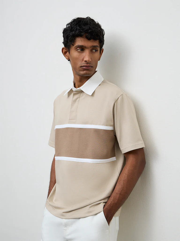 WES Casuals Beige Relaxed-Fit Cotton-Blend Polo T-Shirt - Image 3