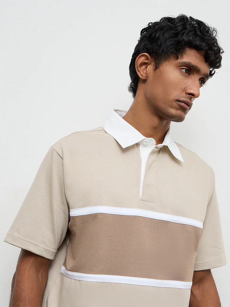 WES Casuals Beige Relaxed-Fit Cotton-Blend Polo T-Shirt - Image 4