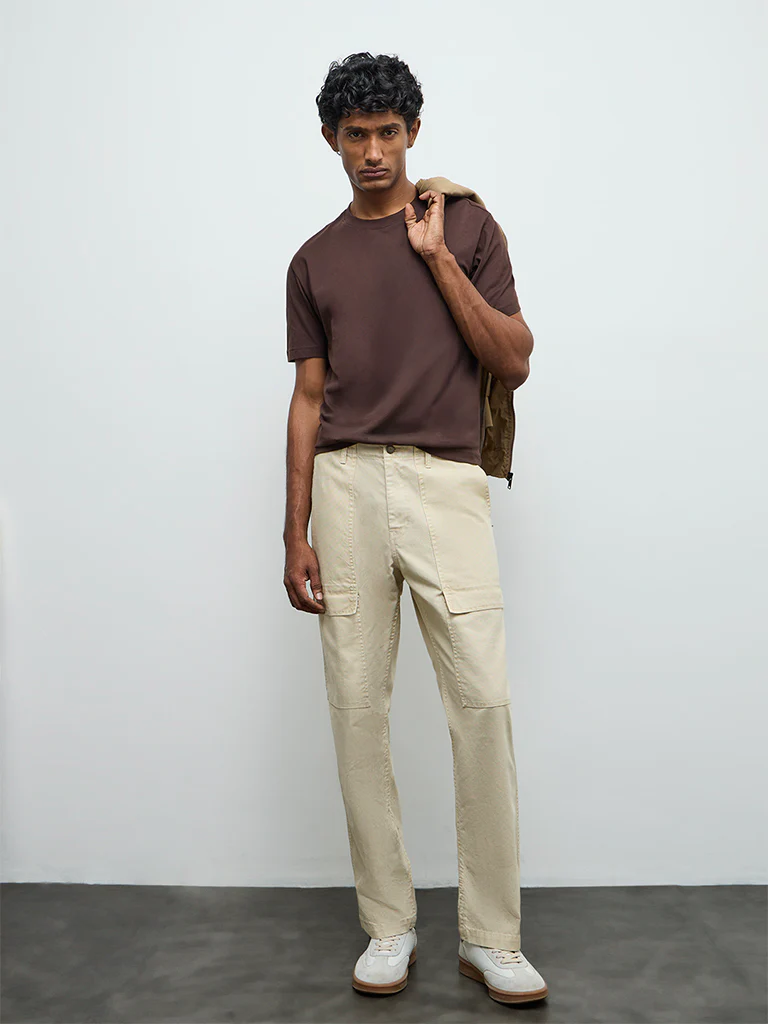 WES Casuals Beige Relaxed-Fit Mid-Rise Cotton-Blend Cargo Pants