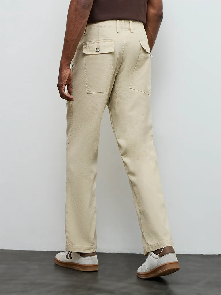 WES Casuals Beige Relaxed-Fit Mid-Rise Cotton-Blend Cargo Pants - Image 5