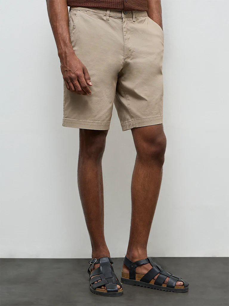 WES Casuals Beige Relaxed Fit Mid-Rise Cotton-Blend Shorts - Image 3