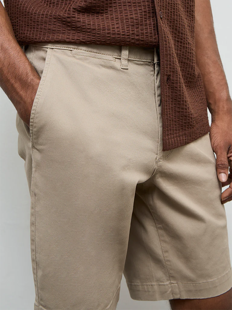 WES Casuals Beige Relaxed Fit Mid-Rise Cotton-Blend Shorts - Image 4
