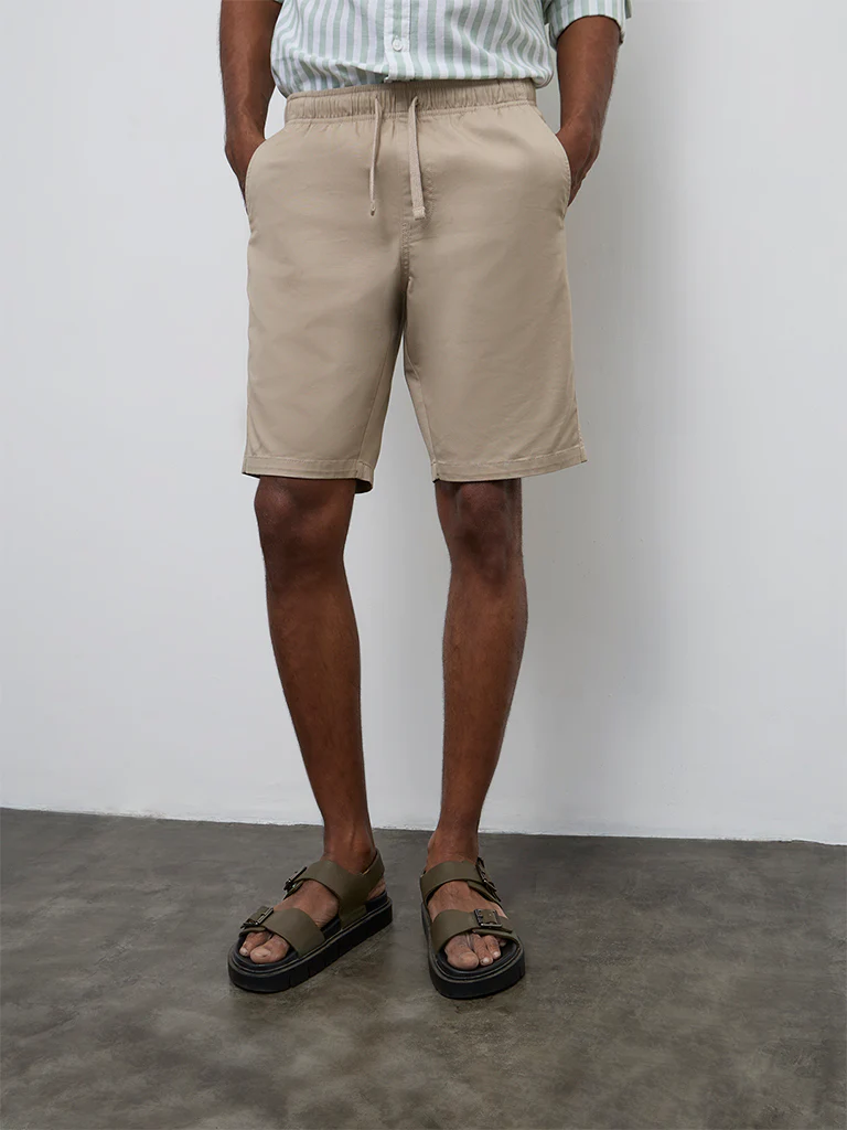 WES Casuals Beige Relaxed-Fit Mid-Rise Cotton-Blend Shorts - Image 3