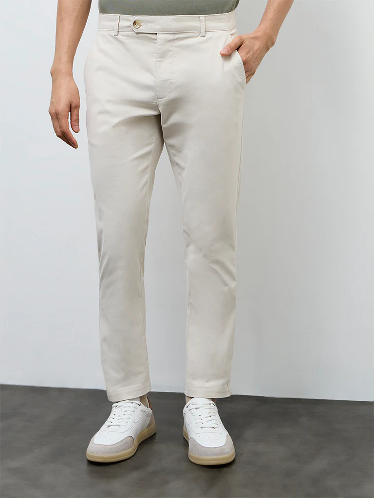 WES Casuals Beige Relaxed-Fit Mid-Rise Cotton-Blend Trousers - Image 3