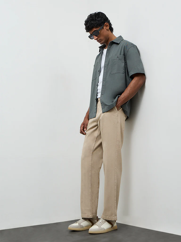 WES Casuals Beige Relaxed-Fit Mid-Rise Cotton Trousers