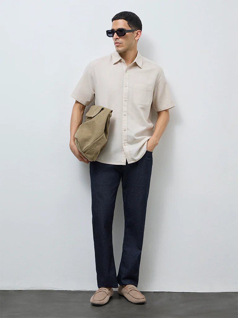 WES Casuals Beige Solid Relaxed-Fit Cotton-Blend Shirt