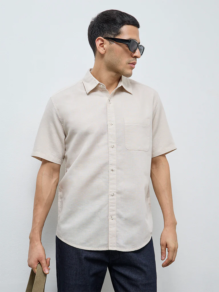 WES Casuals Beige Solid Relaxed-Fit Cotton-Blend Shirt - Image 2