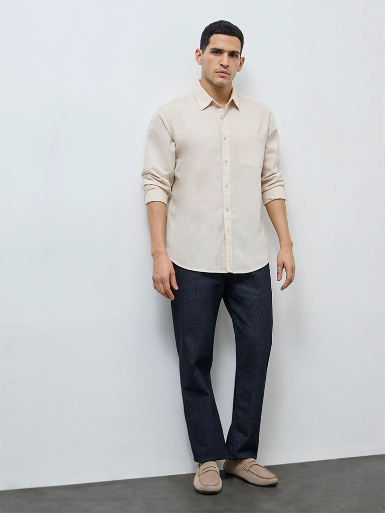 WES Casuals Beige Solid Relaxed-Fit Cotton-Blend Shirt