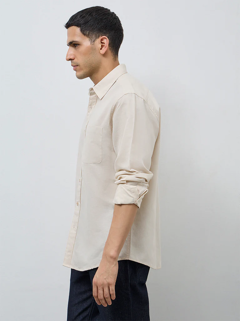 WES Casuals Beige Solid Relaxed-Fit Cotton-Blend Shirt - Image 3