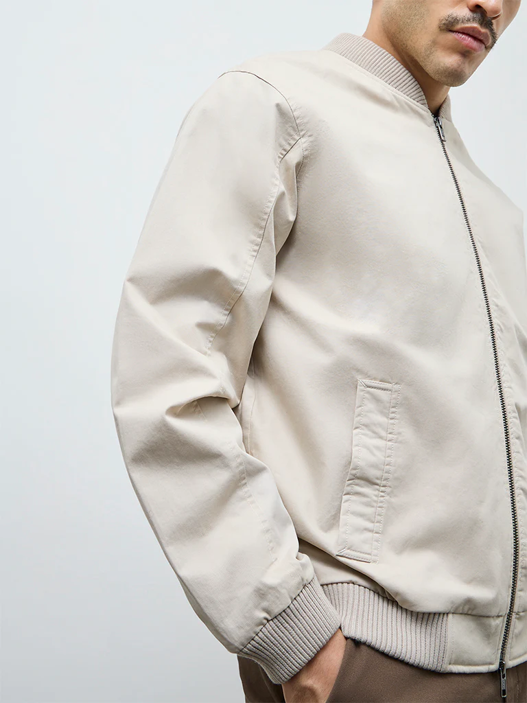WES Casuals Beige Solid Relaxed-Fit Cotton Jacket - Image 4