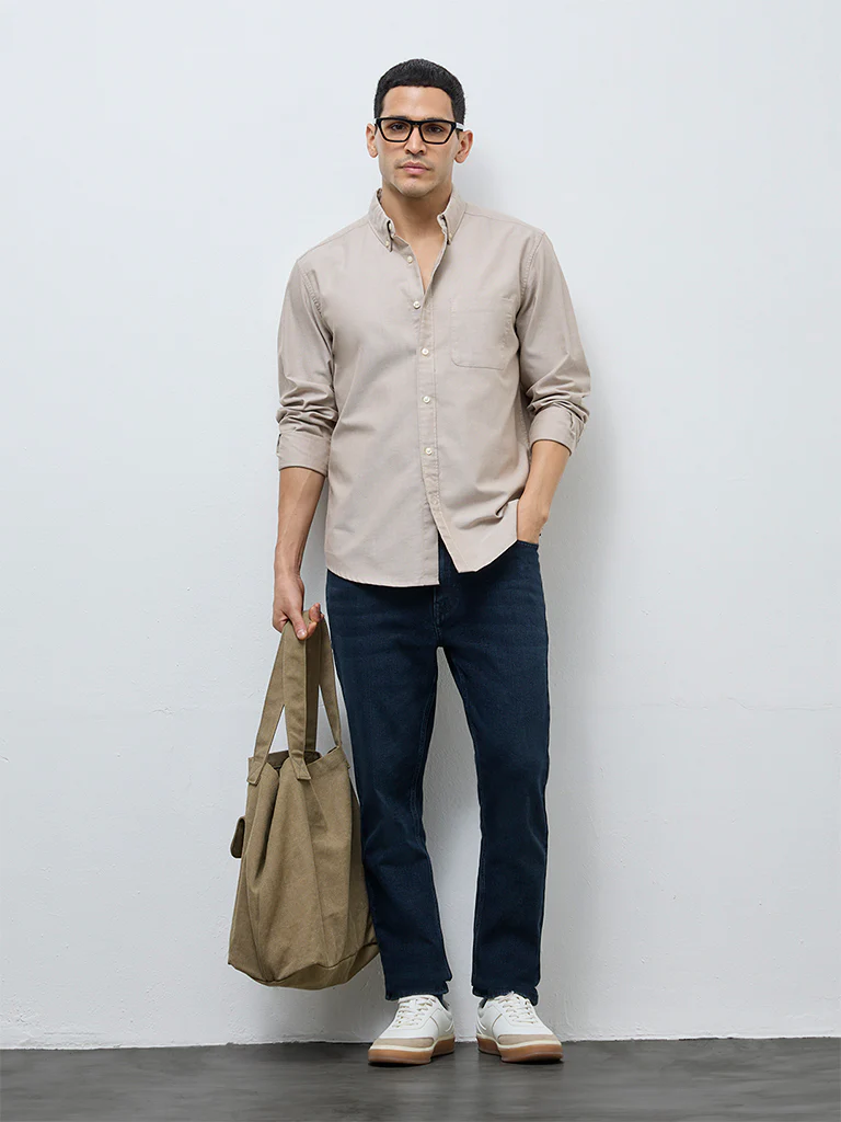 WES Casuals Beige Solid Relaxed-Fit Cotton Shirt