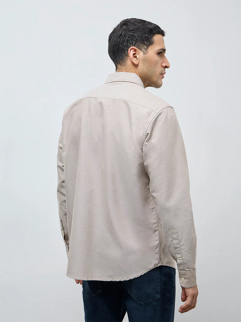WES Casuals Beige Solid Relaxed-Fit Cotton Shirt - Image 5