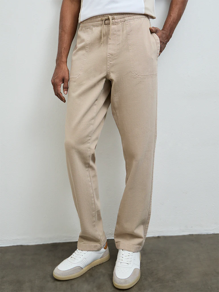 WES Casuals Beige Solid Relaxed-Fit Mid-Rise Cotton Chinos - Image 3