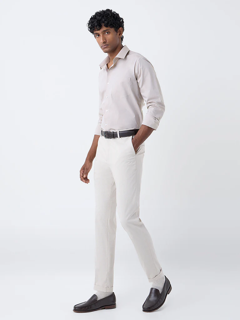WES Casuals Beige Solid Slim-Fit Cotton Shirt