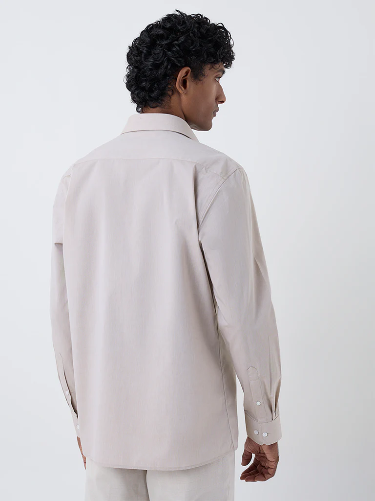 WES Casuals Beige Solid Slim-Fit Cotton Shirt - Image 3