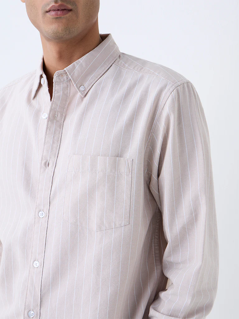WES Casuals Beige Striped Relaxed-Fit Cotton Shirt - Image 3