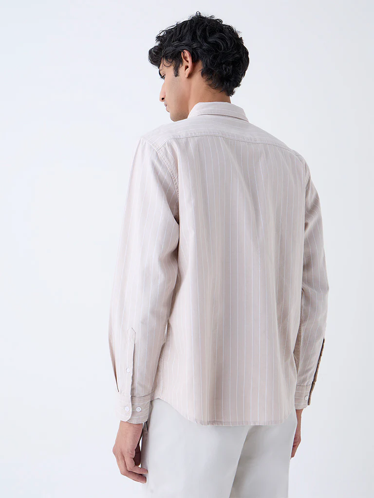 WES Casuals Beige Striped Relaxed-Fit Cotton Shirt - Image 4