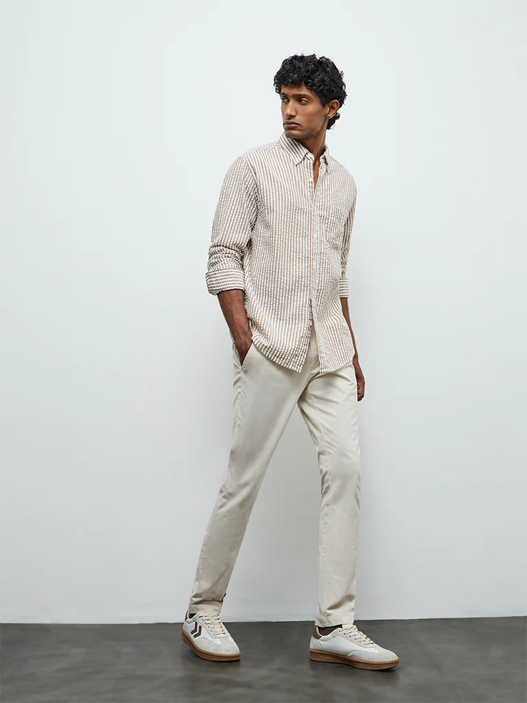 WES Casuals Beige Striped Relaxed-Fit Cotton Shirt - Image 2