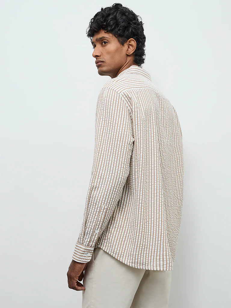 WES Casuals Beige Striped Relaxed-Fit Cotton Shirt - Image 4