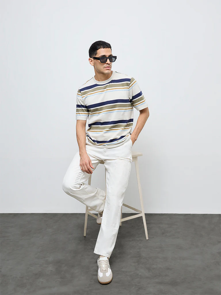 WES Casuals Beige Striped Relaxed Fit Cotton T-Shirt - Image 3