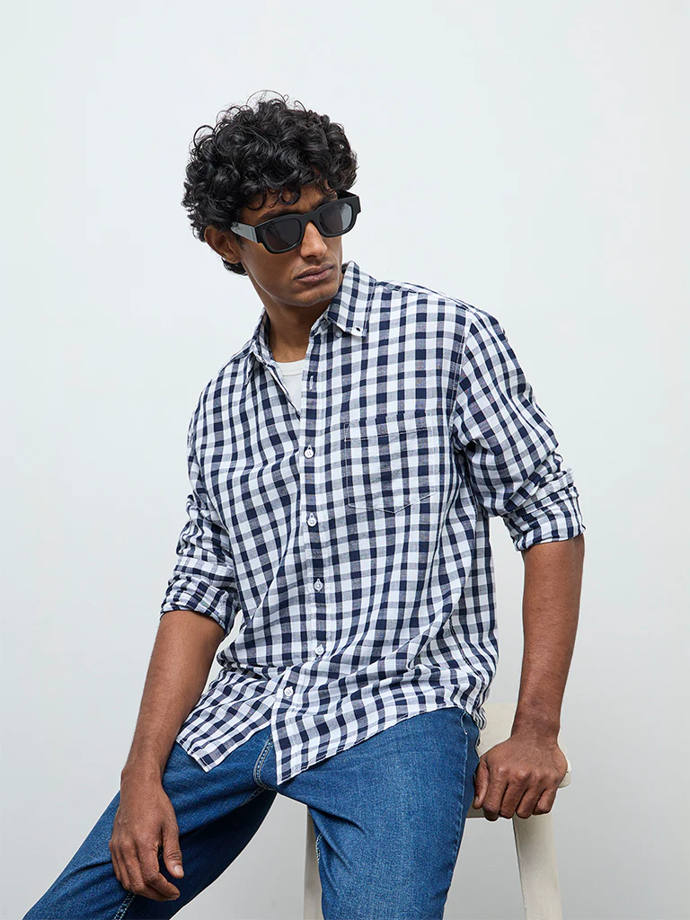 WES Casuals Black Check Relaxed Fit Cotton-Blend Shirt