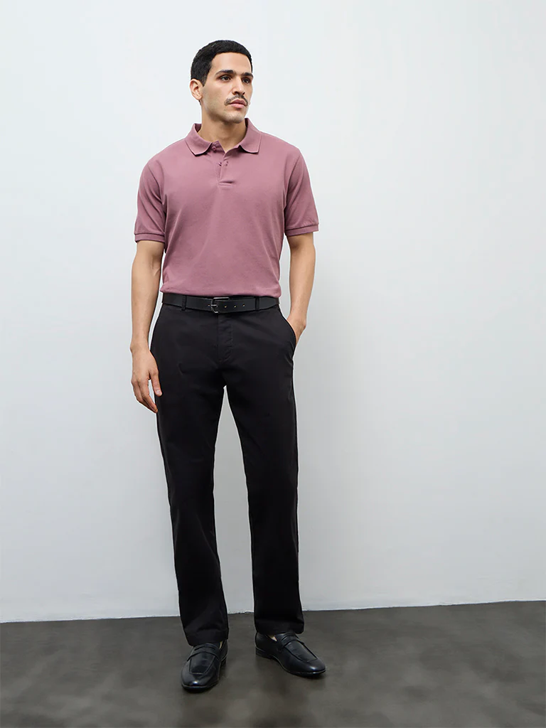 WES Casuals Black Relaxed-Fit Mid-Rise Cotton-Blend Trousers