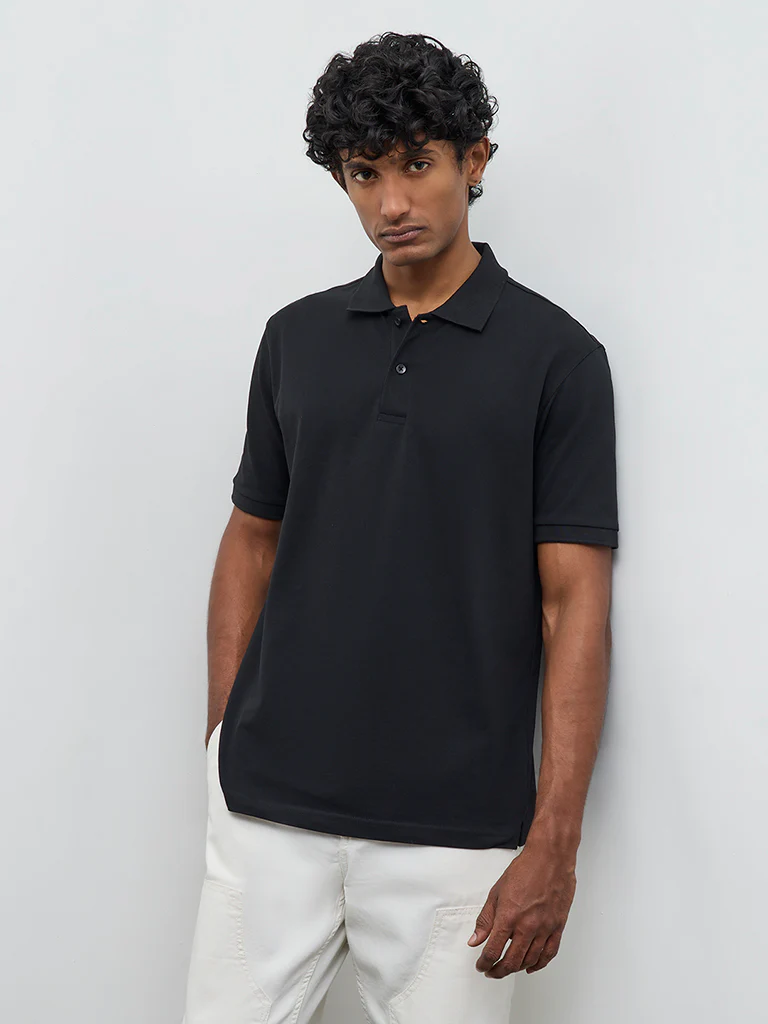 WES Casuals Black Solid Relaxed-Fit Polo T-Shirt