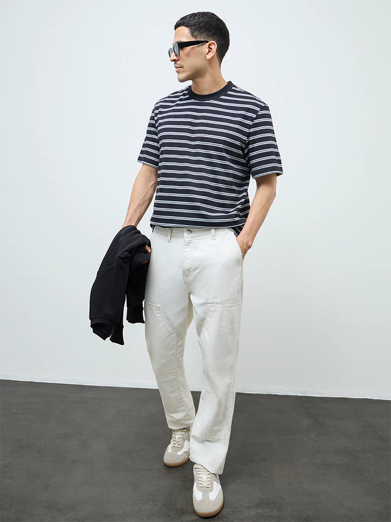 WES Casuals Black Striped Relaxed-Fit Cotton T-Shirt - Image 3