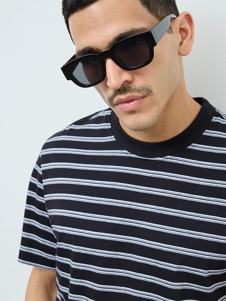 WES Casuals Black Striped Relaxed-Fit Cotton T-Shirt - Image 4