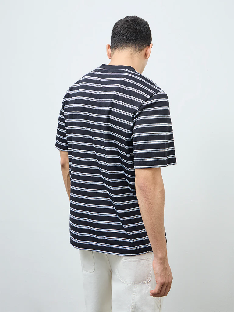 WES Casuals Black Striped Relaxed-Fit Cotton T-Shirt - Image 5